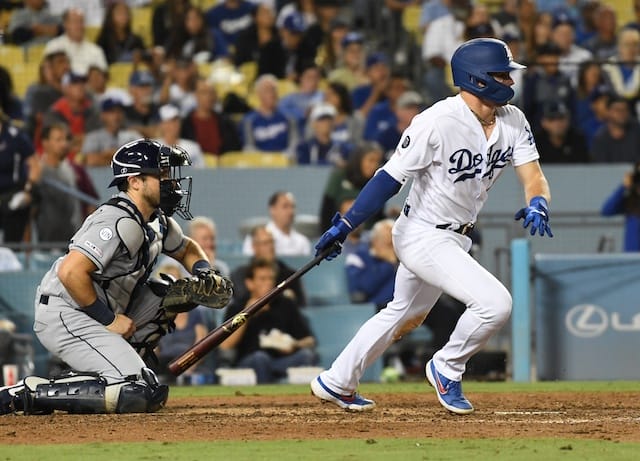 Los Angeles Dodgers infielder Gavin Lux hits an RBI single