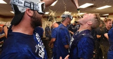 Gavin Lux celebrates after the Los Angeles Dodgers clinch the NL West during the 2019 season