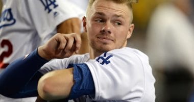 Los Angeles Dodgers infielder Gavin Lux in the dugout at Dodger Stadium