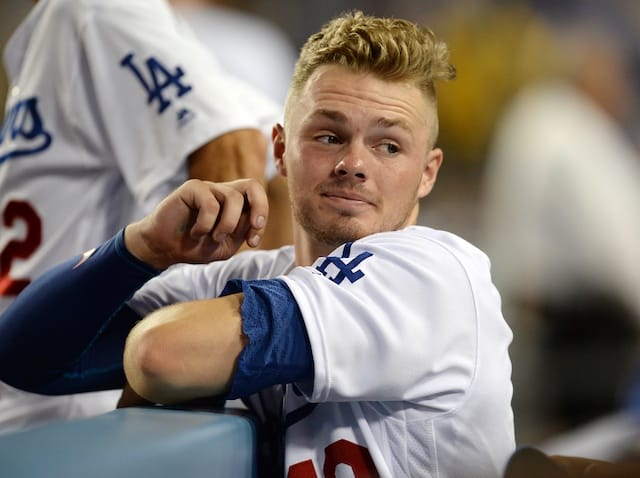 Los Angeles Dodgers infielder Gavin Lux in the dugout at Dodger Stadium