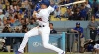 Los Angeles Dodgers infielder Gavin Lux hits a single