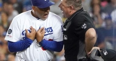 Los Angeles Dodgers manager Dave Roberts is ejected by home-plate umpire Greg Gibson