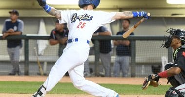 Rancho Cucamonga Quakes infielder Jacob Amaya hits a home run against the Lake Elsinore Storm in Game 3 of a 2019 California League Playoffs series