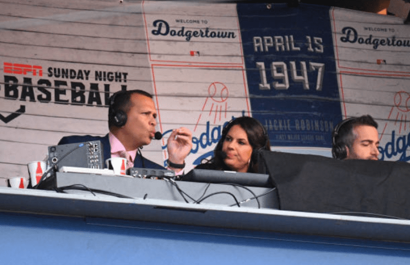 Jessica Mendoza, Alex Rodriguez and Matt Vasgersian in the ESPN Sunday Night Baseball broadcast booth