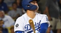 Los Angeles Dodgers outfielder Joc Pederson watches his home run