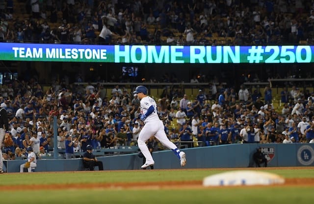 Los Angeles Dodgers outfielder Joc Pederson rounds the bases after hitting a home run