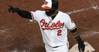 Baltimore Orioles infielder Jonathan Villar celebrates after hitting a home run against the Los Angeles Dodgers