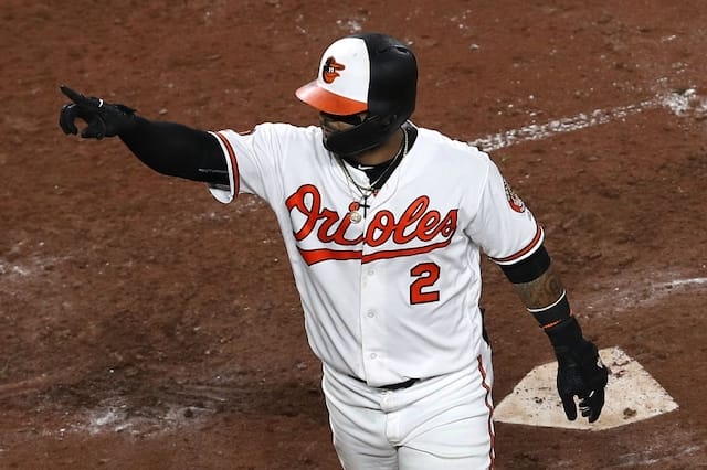 Baltimore Orioles infielder Jonathan Villar celebrates after hitting a home run against the Los Angeles Dodgers