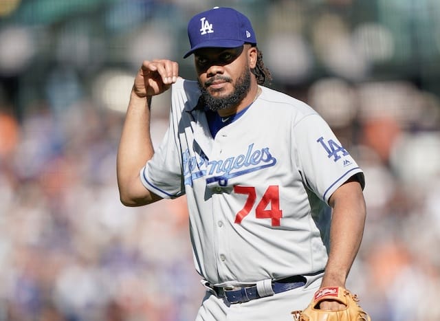 Los Angeles Dodgers closer Kenley Jansen reacts during a game against the San Francisco Giants