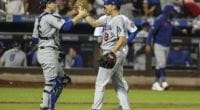 Los Angeles Dodgers pitcher Kenta Maeda celebrates with Will Smith after his save