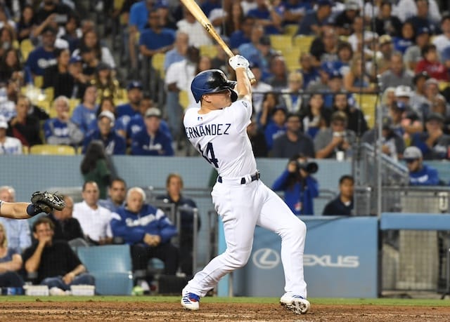 Los Angeles Dodgers utility player Kiké Hernandez hits a double against the Tampa Bay Rays