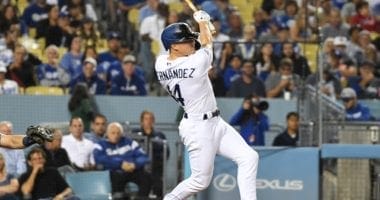 Los Angeles Dodgers utility player Kiké Hernandez hits a double against the Tampa Bay Rays