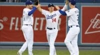 Los Angeles Dodgers teammates Kiké Hernandez, Joc Pederson and A.J. Pollock celebrate after a win