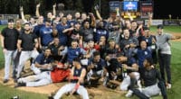 Lake Elsinore Storm (San Diego Padres affiliate) celebrate after eliminating the Rancho Cucamonga Quakes (Los Angeles Dodgers) from the 2019 California League playoffs