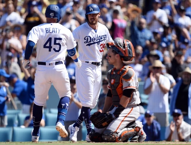 Los Angeles Dodgers teammates Matt Beaty and Cody Bellinger celebrate after a home run