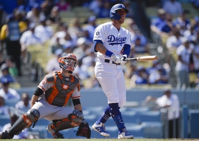 Los Angeles Dodgers outfielder Matt Beaty hits a home run against the San francisco Giants