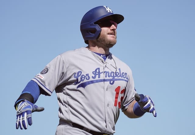 Los Angeles Dodgers infielder Max Muncy reacts after a home run against the San Francisco Giants