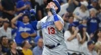 Los Angeles Dodgers infielder Max Muncy celebrates after hitting a grand slam against the San Diego Padres