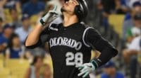Colorado Rockies third baseman Nolan Arenado celebrates after hitting a home run against the Los Angeles Dodgers