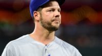 Los Angeles Dodgers pitcher Rich Hill looks on during a start against the Baltimore Orioles