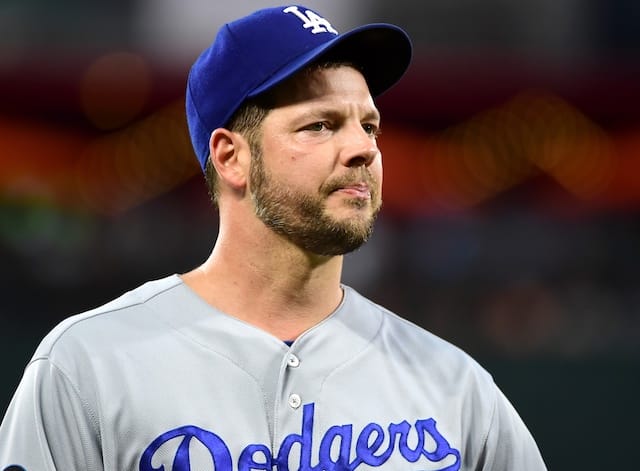 Los Angeles Dodgers pitcher Rich Hill looks on during a start against the Baltimore Orioles