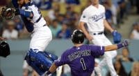 Los Angeles Dodgers catcher Russell Martin avoids a slide into home plate