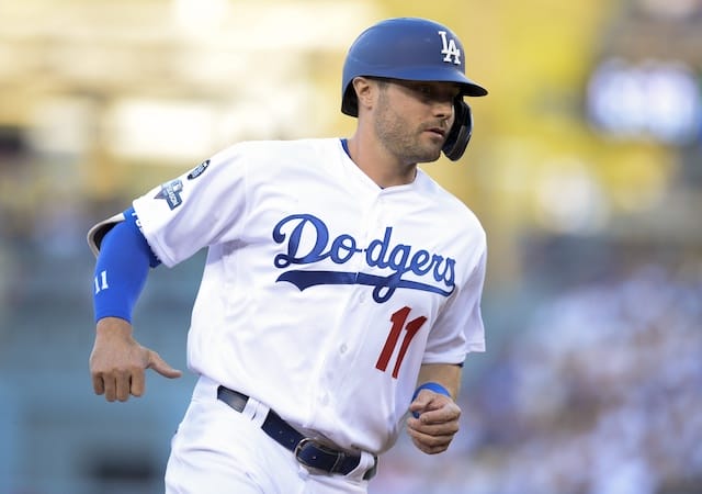 Los Angeles Dodgers outfielder A.J. Pollock advances to third base on a passed ball during Game 1 of the 2019 NLDS