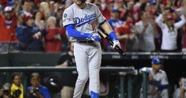 Los Angeles Dodgers outfielder A.J. Pollock reacts after striking out in Game 3 of the 2019 NLDS