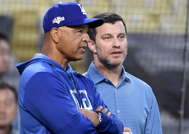 Los Angeles Dodgers president of baseball operations Andrew Friedman and manager Dave Roberts during a workout at Dodger Stadium for the 2019 NLDS