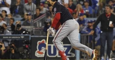 Washington Nationals third baseman Anthony Rendon watches his home run during Game 5 of the 2019 NLDS