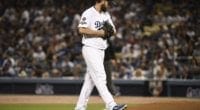 Los Angeles Dodgers pitcher Clayton Kershaw reacts during Game 2 of the 2019 NLDS