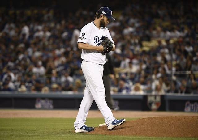 Los Angeles Dodgers pitcher Clayton Kershaw reacts during Game 2 of the 2019 NLDS