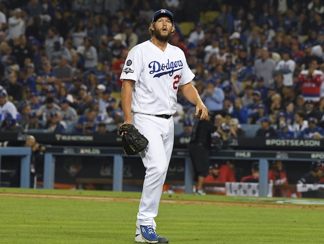 Los Angeles Dodgers pitcher Clayton Kershaw walks off the field during Game 5 of the 2019 NLDS