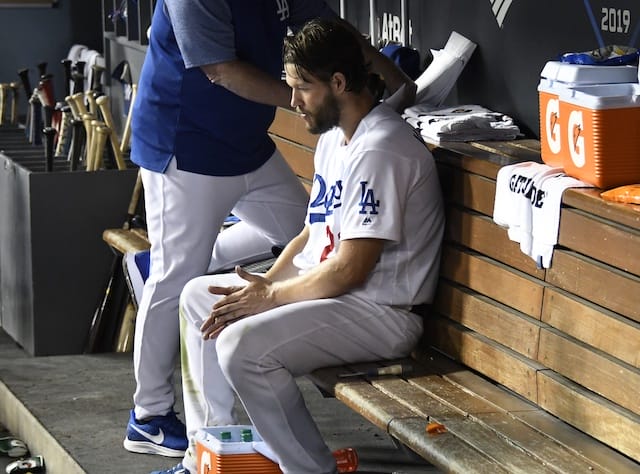Los Angeles Dodgers starting pitcher Clayton Kershaw in the dugout during Game 2 of the 2019 NLDS