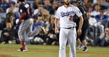 Los Angeles Dodgers pitcher Clayton Kershaw reacts after allowing a home run in Game 5 of the 2019 NLDS