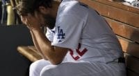 Los Angeles Dodgers starting pitcher Clayton Kershaw in the dugout during Game 5 of the 2019 NLDS
