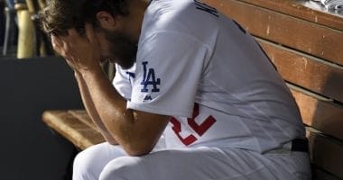 Los Angeles Dodgers starting pitcher Clayton Kershaw in the dugout during Game 5 of the 2019 NLDS