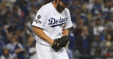Los Angeles Dodgers pitcher Clayton Kershaw reacts during Game 5 of the 2019 NLDS