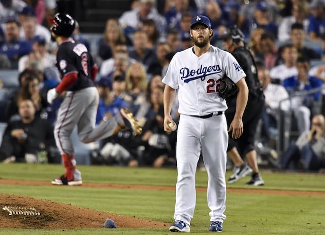 Los Angeles Dodgers pitcher Clayton Kershaw reacts after allowing a home run in Game 5 of the 2019 NLDS