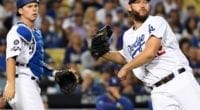 Los Angeles Dodgers starting pitcher Clayton Kershaw throws to first base during Game 2 of the 2019 NLDS