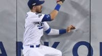 Los Angeles Dodgers All-Star Cody Bellinger makes a leaping catch during Game 5 of the 2019 NLDS