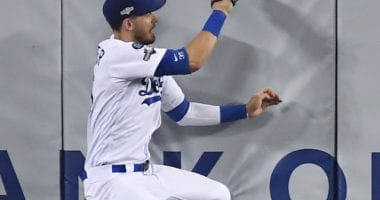 Los Angeles Dodgers All-Star Cody Bellinger makes a leaping catch during Game 5 of the 2019 NLDS