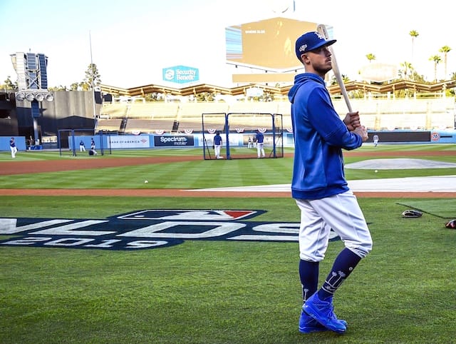 Los Angeles Dodgers All-Star Cody Bellinger during a 2019 NLDS workout at Dodger Stadium