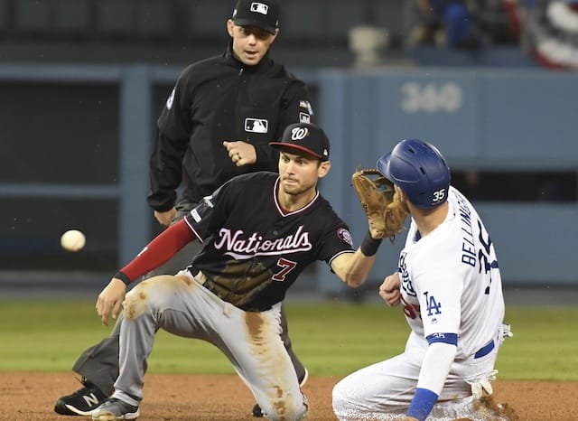 Los Angeles Dodgers All-Star Cody Bellinger steals second base during Game 5 of the 2019 NLDS