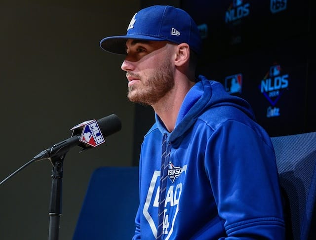 Los Angeles Dodgers All-Star Cody Bellinger during a press conference before a 2019 NLDS workout at Dodger Stadium