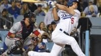 Los Angeles Dodgers shortstop Corey Seager hits a single during Game 1 of the 2019 NLDS