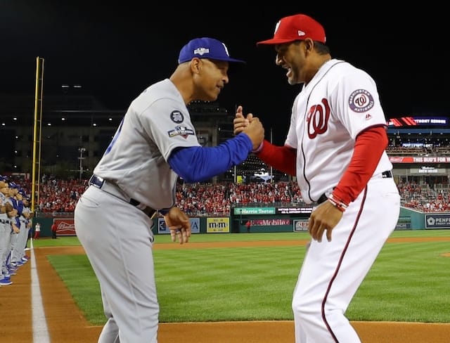 Washington Nationals manager Dave Martinez with Los Angeles Dodgers manager Dave Roberts before Game 3 of the 2019 NLDS