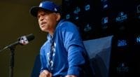 Los Angeles Dodgers manager Dave Roberts during a press conference before a 2019 NLDS workout at Dodger Stadium