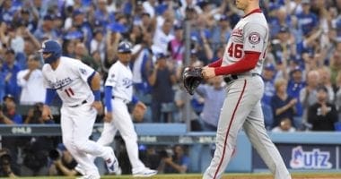 Los Angeles Dodgers outfielder A.J. Pollock scores during Game 1 of the 2019 NLDS