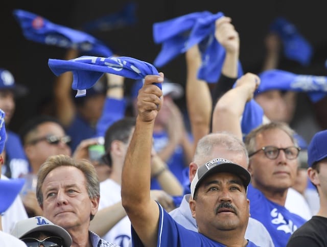 Los Angeles Dodgers fans with rally towels for the 2019 NLDS